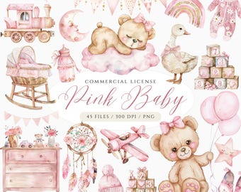 Aquarel roze baby clipartset: teddyberen, maan, sterren (digitale download)