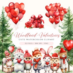 Clipart de dia dos namorados da floresta, animais fofos da floresta no dia dos namorados, clipart de coração, clipart de balões de coração, clipart de animais bebês, amor png
