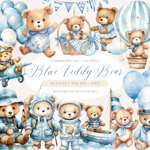 Blauer Teddybär Clipart Bundle, Teddy Aquarell Clipart, fliegender Teddybär PNG, Geburtstagsbär, Jungenkindergarten, Babyparty Clipart Teddy, TB