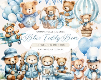 Blue Teddy Bear Watercolor Clipart Bundle: Boy Nursery (PNG, Digital Download)