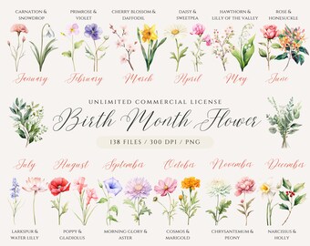 Clipart fleur pour le mois de naissance, PNG fleur de naissance, bouquet de fleurs pour le mois de naissance, cadeau fête des mères, aquarelle de fleurs pour le mois de naissance, clipart floral