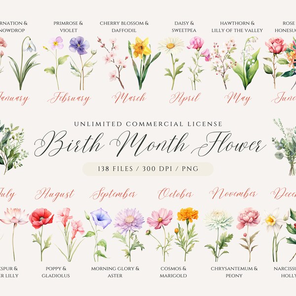 Imágenes prediseñadas de flores del mes de nacimiento, PNG de flores de nacimiento, ramo de flores del mes de nacimiento, regalo del día de la madre, flores del mes de nacimiento de acuarela, imágenes prediseñadas florales