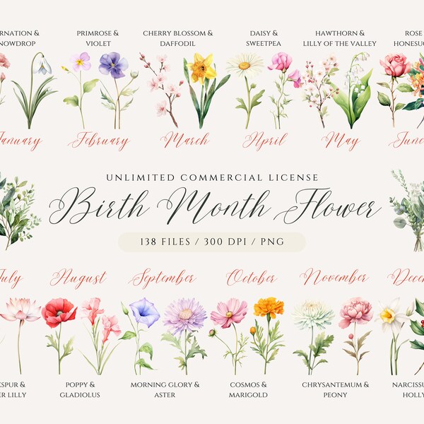 Clipart fiore del mese di nascita, PNG del fiore di nascita, Bouquet di fiori del mese di nascita, regalo per la festa della mamma, fiori del mese di nascita dell'acquerello, clipart floreale