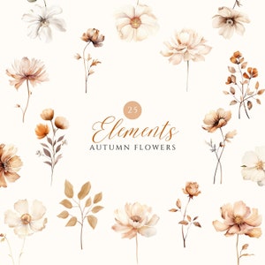 Pode incluir: 25 ilustra&ccedil;&otilde;es de aquarela de flores de outono em tons de marrom, bege e branco. As flores est&atilde;o dispostas em um padr&atilde;o circular sobre um fundo branco. O texto "25 Elements Autumn Flowers" est&aacute; no centro da imagem.