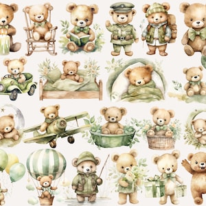 May include: A collection of watercolor illustrations featuring cute teddy bears in various settings. The bears are wearing different outfits and accessories, such as hats, scarves, and backpacks. Some bears are holding objects like books, balloons, and airplanes. The illustrations are perfect for adding a touch of whimsy to any project.