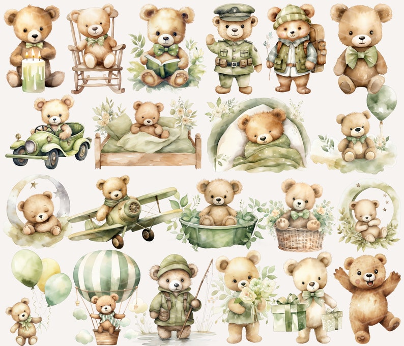 May include: A collection of watercolor illustrations featuring cute teddy bears in various settings. The bears are wearing different outfits and accessories, such as hats, scarves, and backpacks. Some bears are holding objects like books, balloons, and airplanes. The illustrations are perfect for adding a touch of whimsy to any project.