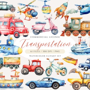 Watercolor Transportation Clipart, Vehicle Clipart, Public Transport Clipart, Baby Toy Clipart, Toy Car Clipart, Boys Clipart, Train Clipart