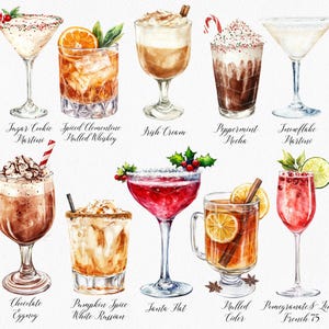 K&ouml;nnte beinhalten: Aquarell-Illustration von 10 verschiedenen Weihnachtscocktails, darunter Sugar Cookie Martini, Spiced Clementine Mulled Whiskey, Irish Cream, Peppermint Mocha, Snowflake Martini, Chocolate Eggnog, Pumpkin Spice White Russian, Santa Hat, Mulled Cider und Pomegranate & Lime French 75.
