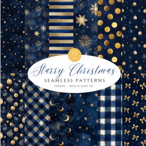 Può includere: Una collezione di 13 motivi digitali senza cuciture a tema Natale stellato. I motivi presentano sfondi blu navy con accenti dorati, tra cui stelle, fiocchi di neve e ornamenti. Il testo "Starry Christmas" è visibile.