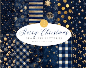 May include: A collection of 13 digital seamless patterns with a starry Christmas theme. The patterns feature navy blue backgrounds with gold accents, including stars, snowflakes, and ornaments. The text "Starry Christmas" is displayed in a script font.