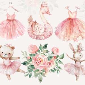 May include: A set of watercolor illustrations featuring a swan, a ballerina bunny, a ballerina bear, a bouquet of pink roses, and two ballerina girls wearing pink tutus. The illustrations are perfect for adding a touch of whimsy and elegance to any project.