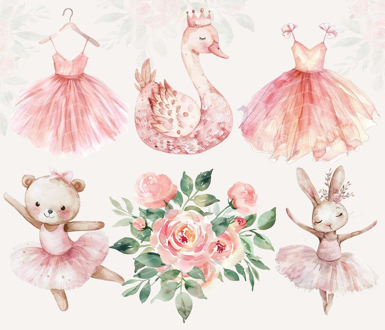 May include: A set of watercolor illustrations featuring a swan, a ballerina bunny, a ballerina bear, a bouquet of pink roses, and two ballerina girls wearing pink tutus. The illustrations are perfect for adding a touch of whimsy and elegance to any project.