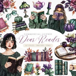 Caro lettore Clipart amante dei libri autunnali lunatici, Pacchetto clipart di lettura accogliente, Clipart di pianificatore, PNG di libri scuri, Clipart di zucca, Dark Academia
