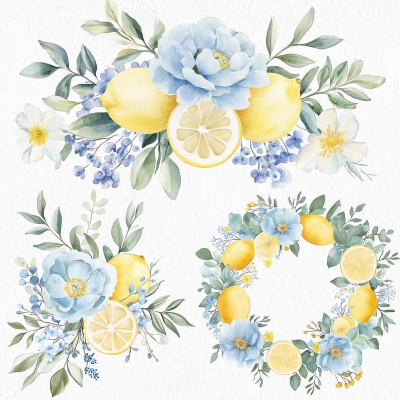 Blue Lemon Watercolor Clipart Bundle, Floral Wreaths, Citrus Wedding ...