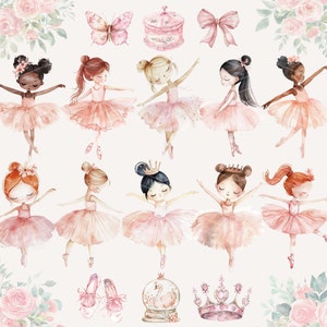 May include: Watercolor illustration of ten ballerinas in pink tutus with various hair styles and accessories. The ballerinas are surrounded by flowers and a music box.