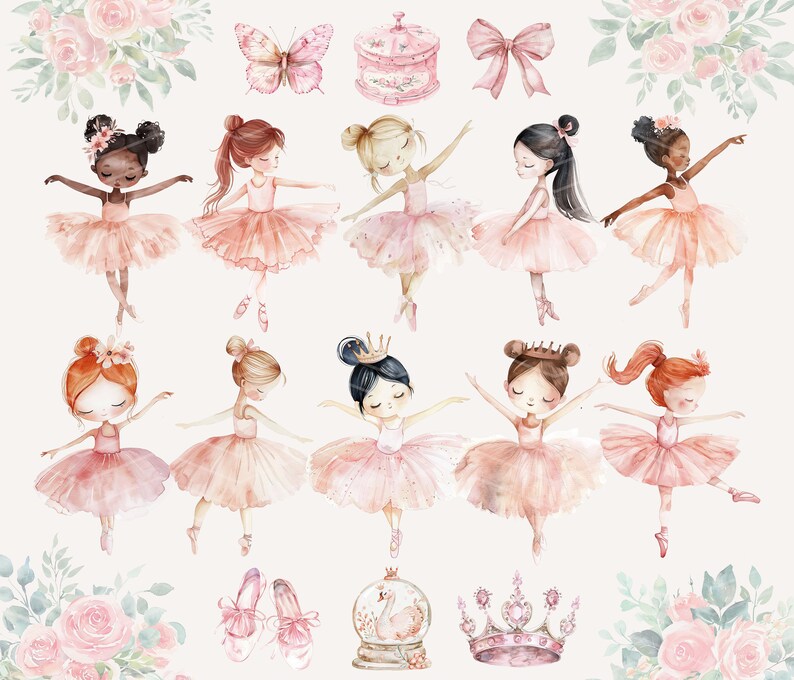 May include: Watercolor illustration of ten ballerinas in pink tutus with various hair styles and accessories. The ballerinas are surrounded by flowers and a music box.