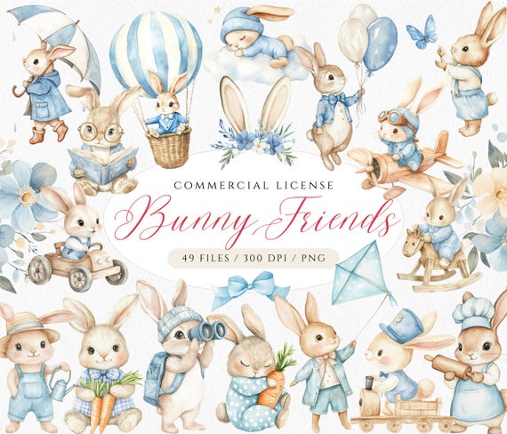 Watercolor Blue Bunny Clipart Bundle: Vintage Rabbit Nursery Designs (PNG)