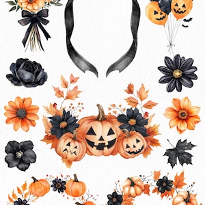 May include: Watercolor illustration with the text "Wreaths ribbons & flowers". The image features Halloween-themed elements, including pumpkins, black flowers, orange and black balloons, and a black ribbon.