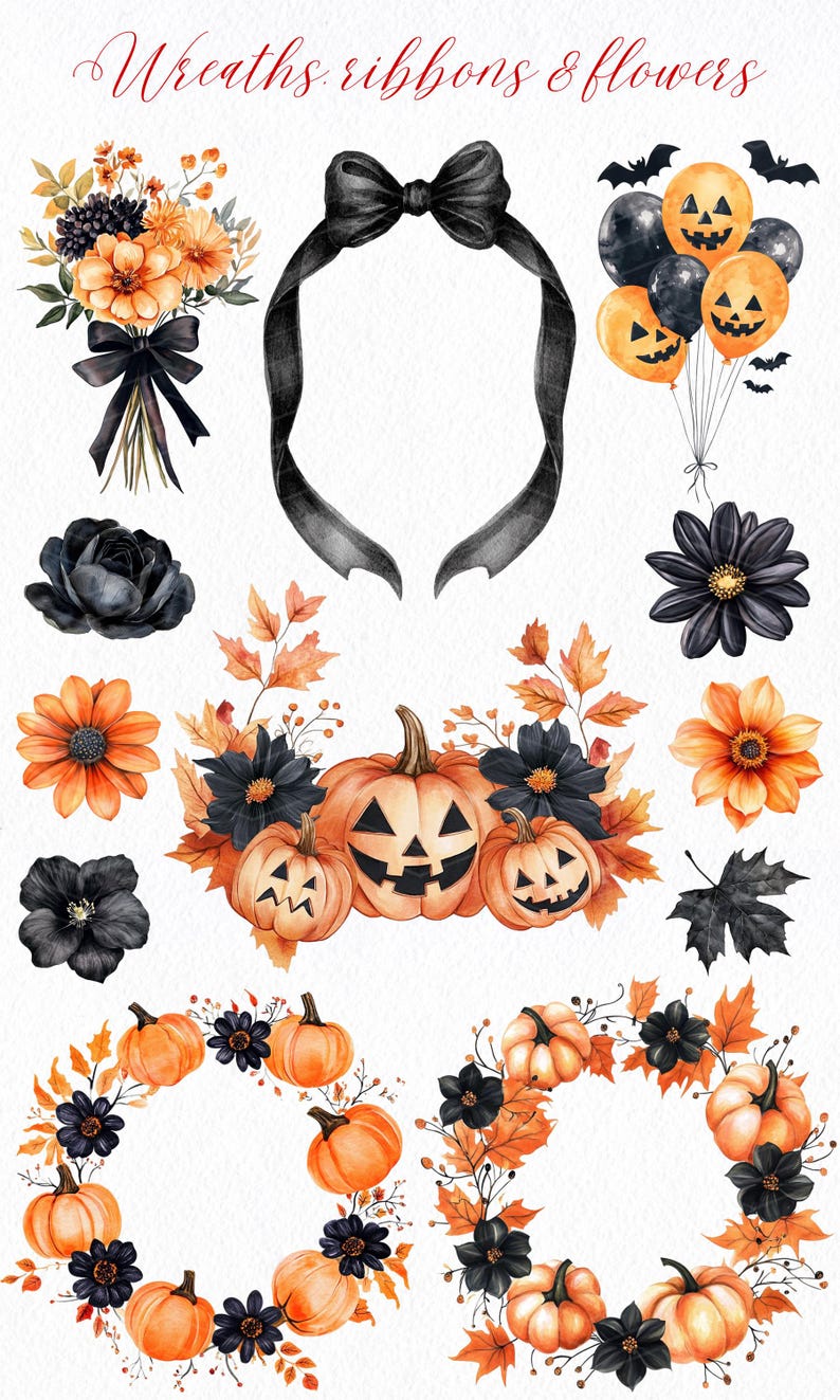 May include: Watercolor illustration with the text "Wreaths ribbons & flowers". The image features Halloween-themed elements, including pumpkins, black flowers, orange and black balloons, and a black ribbon.