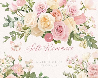 Watercolor Blush Floral Clipart: Rose & Eucalyptus Wedding Flowers (PNG Files, Digital Download)