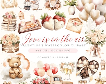 May include: A watercolor clipart set with a Valentine's Day theme. The set includes images of hearts, flowers, balloons, a teddy bear, a truck, a gift box, a jar of cookies, a bottle of wine, a cup of coffee, a plate of cookies, a box of chocolates, and two mice. The text "Love is in the air" is written in a decorative font.