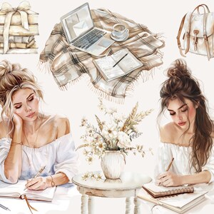 Op de afbeelding: Twee vrouwen zitten aan tafels en schrijven in dagboeken. Een vrouw heeft blond haar en draagt een wit topje met open schouders. De andere vrouw heeft bruin haar en draagt een wit topje met open schouders. Beide vrouwen zitten aan tafels met dagboeken en pennen. Op de achtergrond staat een boeket witte bloemen in een vaas op een tafel.