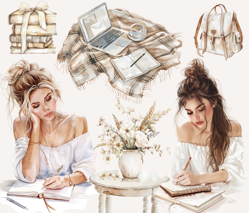 Op de afbeelding: Twee vrouwen zitten aan tafels en schrijven in dagboeken. Een vrouw heeft blond haar en draagt een wit topje met open schouders. De andere vrouw heeft bruin haar en draagt een wit topje met open schouders. Beide vrouwen zitten aan tafels met dagboeken en pennen. Op de achtergrond staat een boeket witte bloemen in een vaas op een tafel.