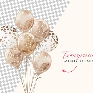 May include: A cluster of brown and white balloons with polka dots against a transparent background. The text "Transparent Background" is written in cursive on the right side of the image.
