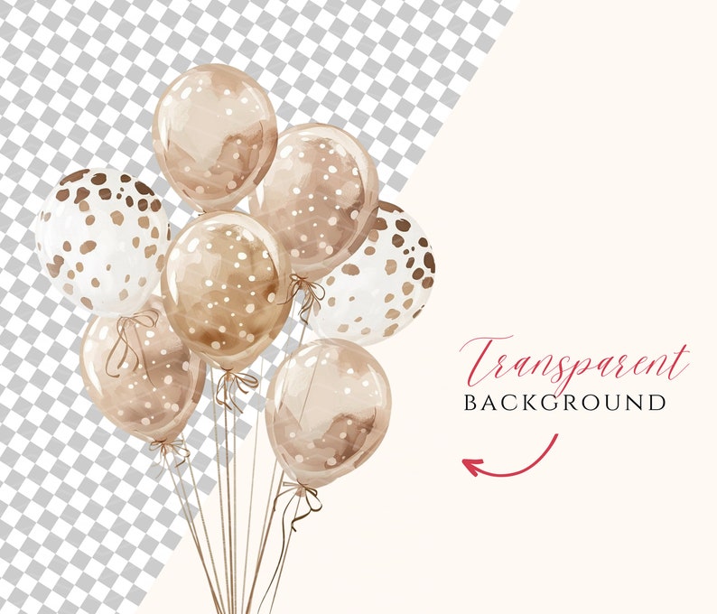 May include: A cluster of brown and white balloons with polka dots against a transparent background. The text "Transparent Background" is written in cursive on the right side of the image.