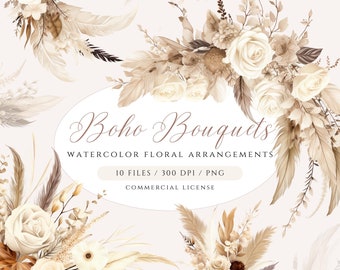 Clipart floral bohemio en acuarela: Hierba de la pampa y rosas color crema (Descarga digital PNG)
