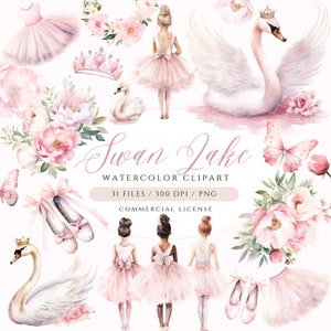 Watercolor Ballerina Clipart, Swan Lake Clipart, Ballerina PNG, Swan PNG, Commercial License Ballerina Clipart, Pink Ballerina Clipart