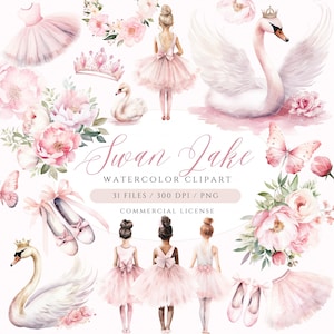 Clipart ballerine aquarelle, clipart lac des cygnes, ballerine PNG, cygne PNG, licence commerciale des cliparts ballerine, clipart ballerine rose