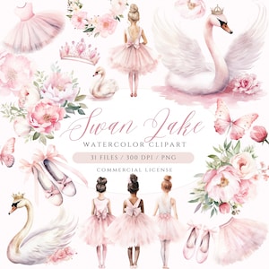 Watercolor Ballerina Clipart, Swan Lake Clipart, Ballerina PNG, Swan PNG, Commercial License Ballerina Clipart, Pink Ballerina Clipart