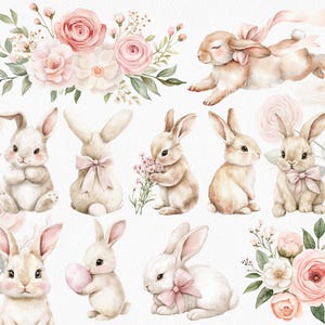 K&ouml;nnte beinhalten: Aquarellillustrationen von entz&uuml;ckenden Hasen in verschiedenen Posen, geschm&uuml;ckt mit rosa Schleifen und Blumen. Sanfte Pastellfarben und Blumenarrangements schaffen ein bezauberndes Fr&uuml;hlingsmotiv. Perfekt f&uuml;r Ostern oder die Kinderzimmerdekoration.