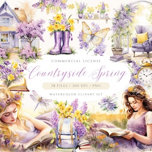 Clipart di primavera in campagna, amante dei libri di primavera, Clipart di lavanda di primavera Cottagecore, primavera viola, PNG di primavera ad acquerello, campi di lavanda