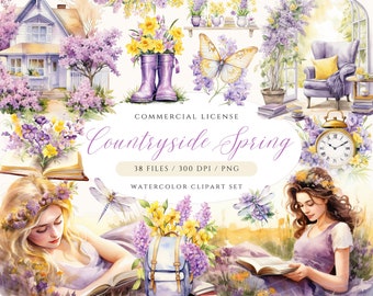 Watercolor Spring Clipart: Cottagecore Lavender Fields (PNG Digital Download)