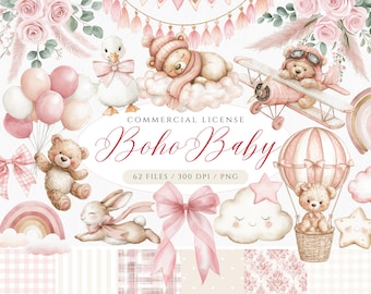 May include: Watercolor illustration with a Boho Baby theme. Features a sleeping teddy bear, a teddy bear in a biplane, a teddy bear in a hot air balloon, a bunny, a duck, balloons, and the text "Boho Baby".