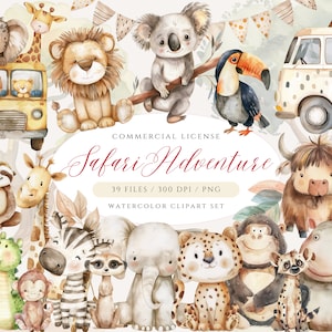 Süße Safari Tiere, Aquarell Safari Kinderzimmer Clipart, Safari Abenteuer, Safari PNG, Dschungeltiere PNG, Safari Tour, Safari Baby Tiere