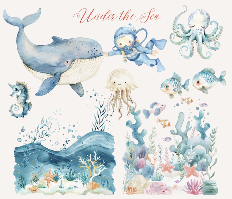 Op de afbeelding: Waterverfillustratie van een onderwater sc&egrave;ne met een walvis, octopus, kwal, zeepaardje, vissen en koraal. De tekst "Under the Sea" staat in cursief bovenaan de afbeelding.