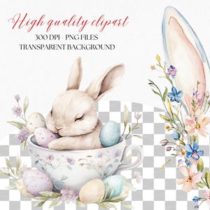 May include: A watercolor illustration of a white bunny sleeping in a teacup surrounded by pastel colored Easter eggs and flowers. The bunny has closed eyes and is nestled in the cup. The background is a checkered pattern.