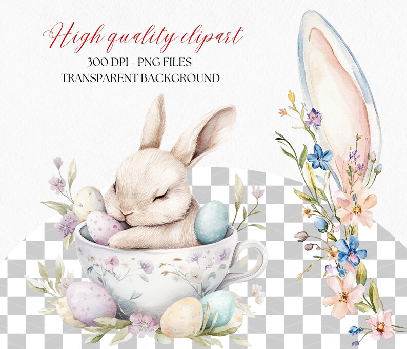 May include: A watercolor illustration of a white bunny sleeping in a teacup surrounded by pastel colored Easter eggs and flowers. The bunny has closed eyes and is nestled in the cup. The background is a checkered pattern.