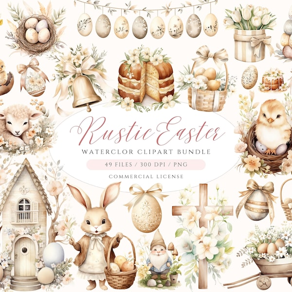 Watercolor Easter Clipart Bundle, Easter Bunny, Easter Egg, Easter Basket PNG, Boho Easter PNG, Lamb, Tulip Clipart, Spring Clipart, Chick