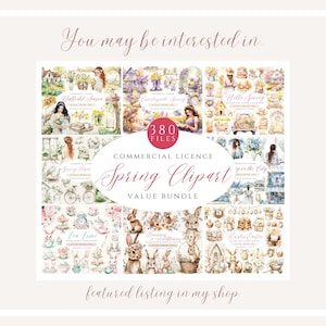 May include: A collection of watercolor spring-themed clipart images, including floral arrangements, bunnies, and Easter decorations. The bundle includes 380 files and is available with a commercial license. The text "Spring Clipart Value Bundle" is displayed.