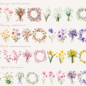 May include: Watercolor illustrations of flowers representing each month of the year. January features carnations and snowdrops, February features primroses and violets, March features cherry blossoms and daffodils, and April features daisies and sweet peas.