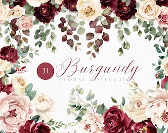 May include: A digital illustration of 31 burgundy and cream floral elements. The flowers are arranged in a wreath shape with greenery and leaves. The text "Burgundy Floral Collection" is written in a script font below the wreath.