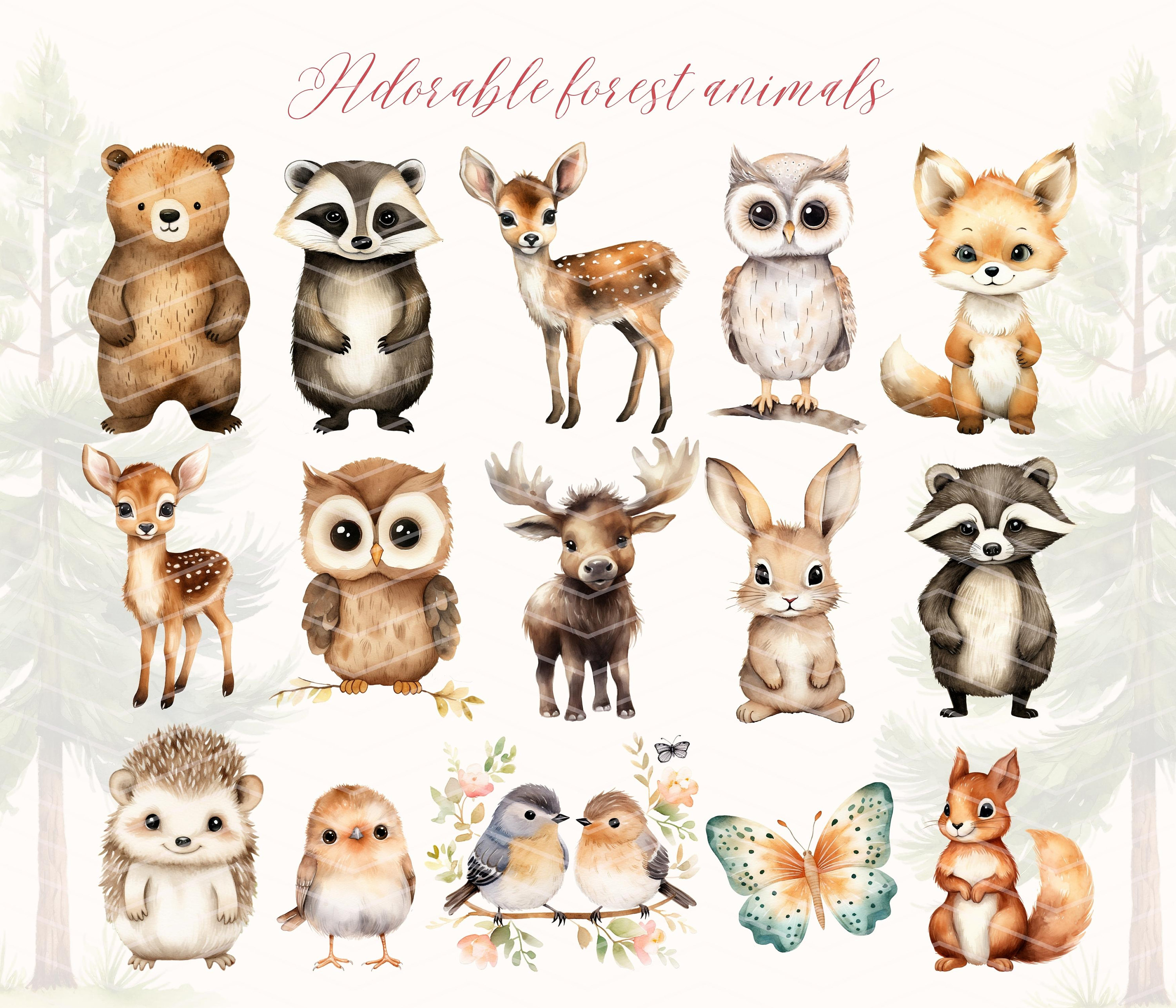 Watercolor Woodland Animals Clipart: Forest Nursery Decor (digital ...