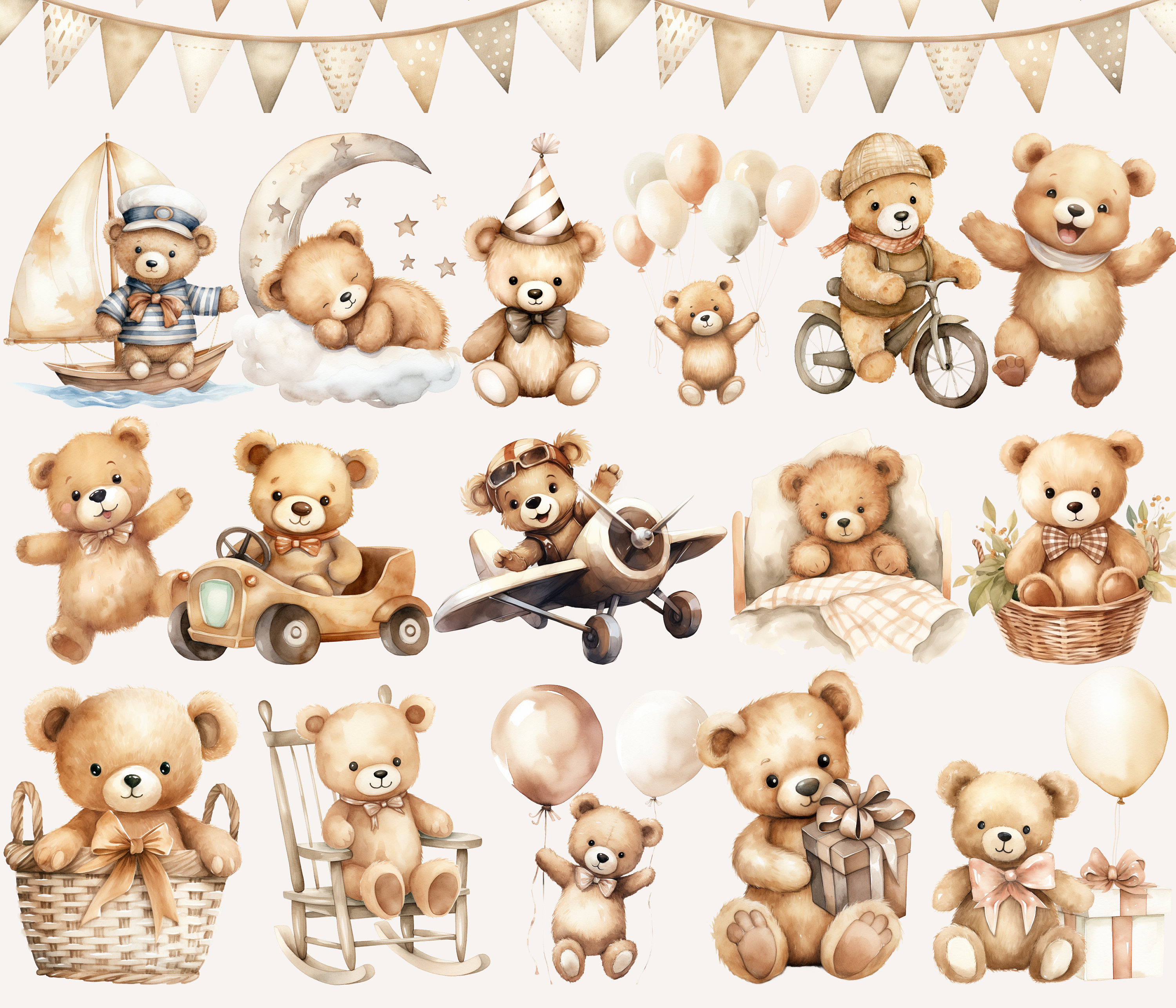 Watercolor Teddy Bear Clipart Bundle: Neutral Baby Shower PNG (digital ...