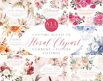 Op de afbeelding: Een collage van aquarel-bloemenclipart-illustraties, met boeketten bloemen in verschillende kleuren en stijlen. De tekst "ALL LISTINGS" en "LIFETIME ACCESS TO Floral Clipart CURRENT + FUTURE LISTINGS" wordt in het midden van de afbeelding weergegeven.