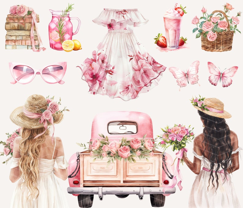 Puede incluir: Una camioneta vintage rosa con un ramo de flores en la caja. Dos mujeres con vestidos blancos y sombreros de paja est&aacute;n de pie a cada lado de la camioneta. La camioneta est&aacute; decorada con flores rosas y tiene una caja de madera blanca.