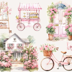 Puede incluir: Una ilustraci&oacute;n de acuarela de una casa rosa y blanca con una bicicleta rosa, un puesto de limonada rosa, una puerta rosa con una corona de flores y una mariposa rosa.